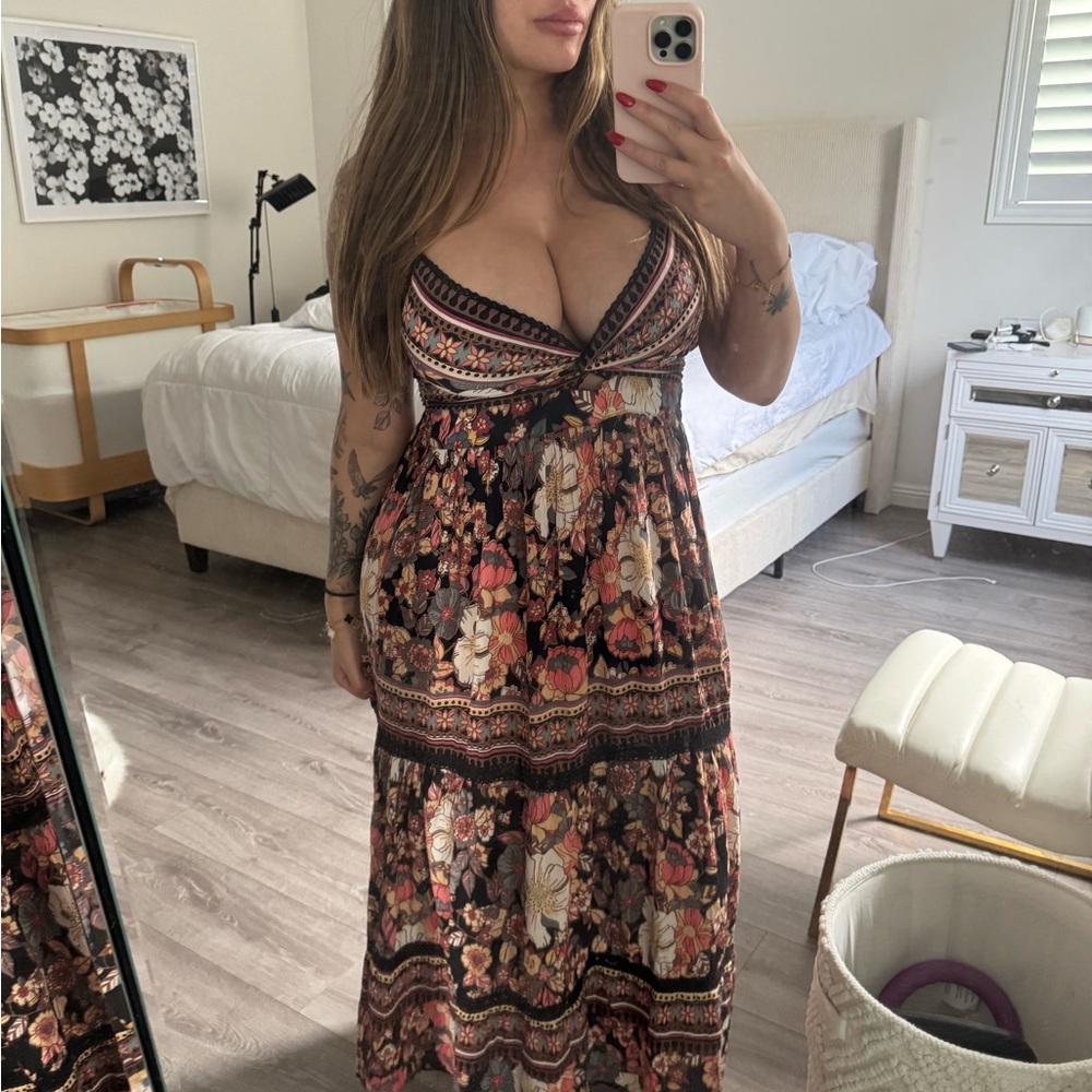 Angie Orange and Brown Tie Front Maxi Sundress